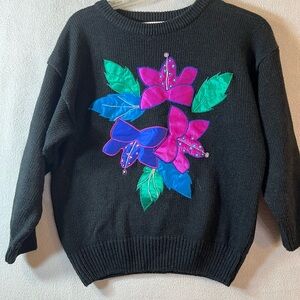 Floral Embroidered Pretense Large Black Sweater